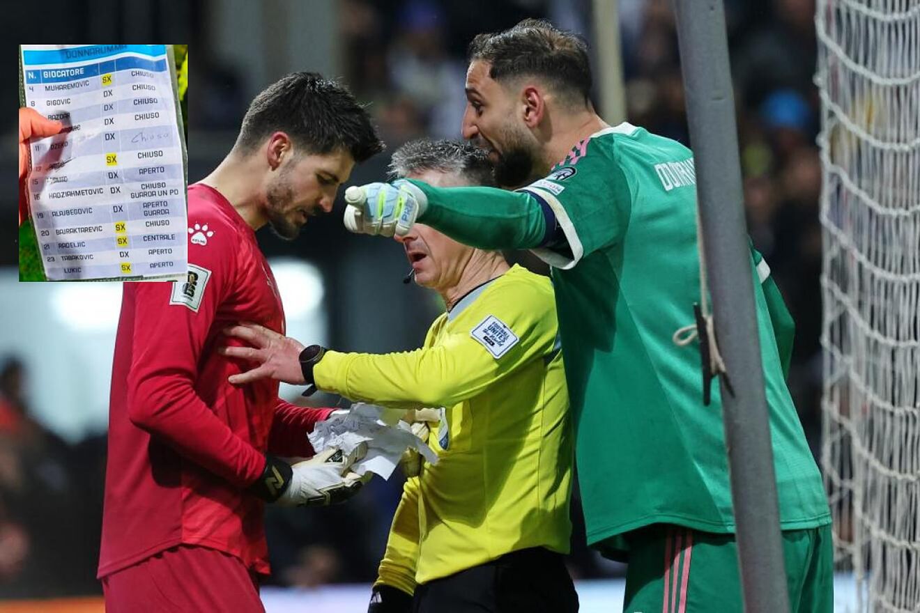 Donnarumma dialoga con el meta bosnio Vasilj y en el recuadro, el...