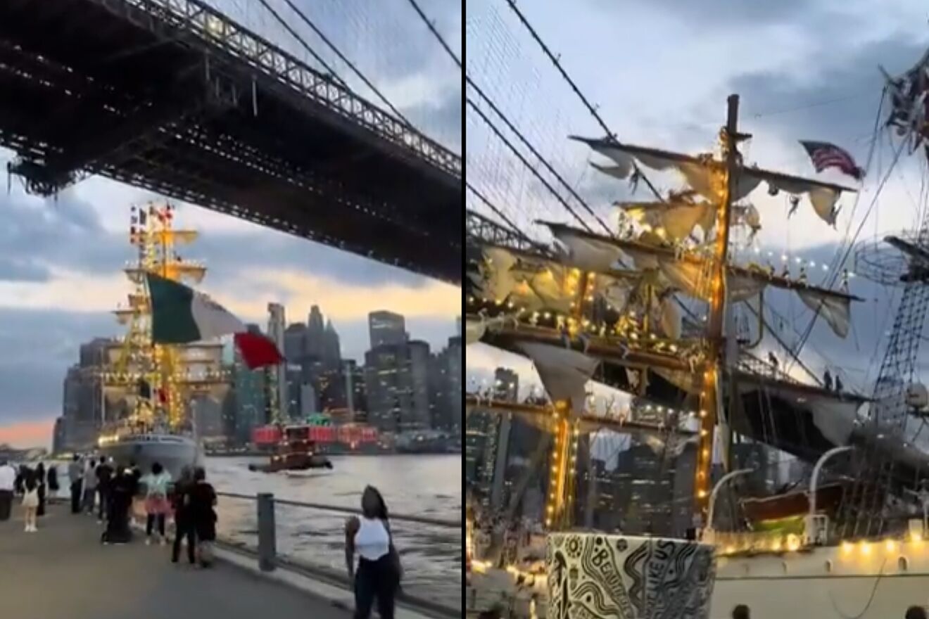 VIDEO | Buque escuela Cuauht�moc, de la Marina de M�xico, choca contra el Puente de Brooklyn