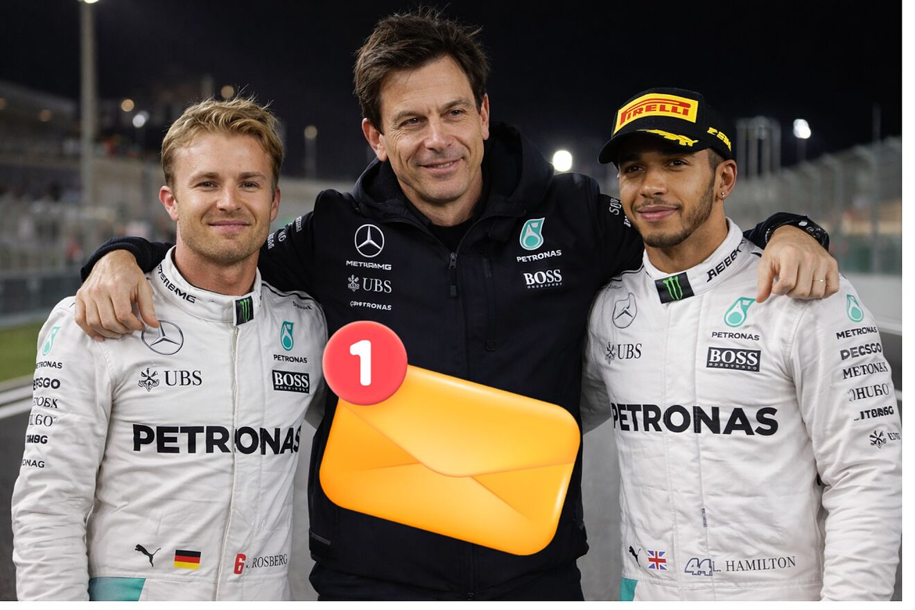 Toto Wolff abraza a Rosberg y Hamilton en un montaje creado con IA.