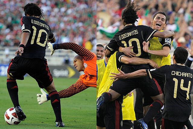 Giovani Dos Santos y Tim Howard.