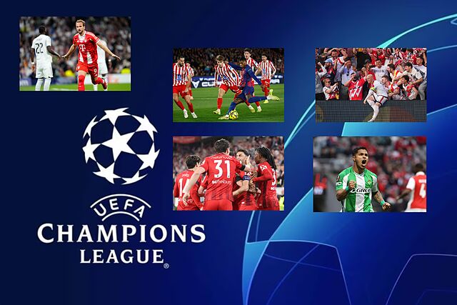 El escudo de la Champions en un montaje con im�genes de partidos europeos.