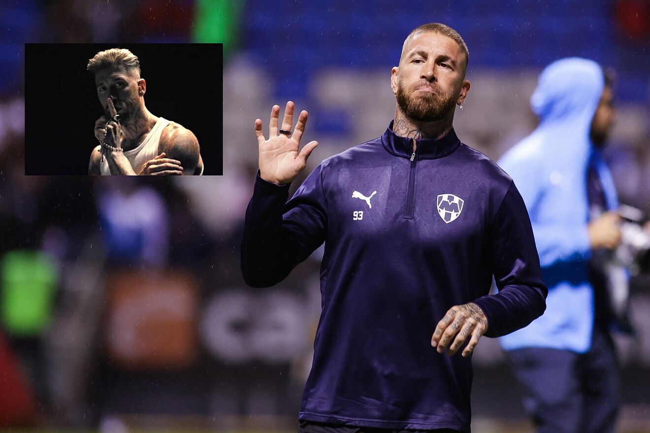 Sergio Ramos, con la camiseta de los Rayados y en un fotograma de su...
